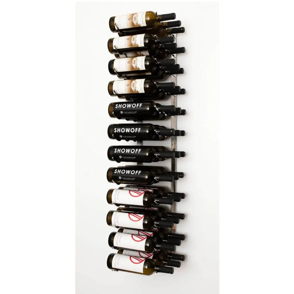 Wall-mounted wine rack with wine bottles on a white background