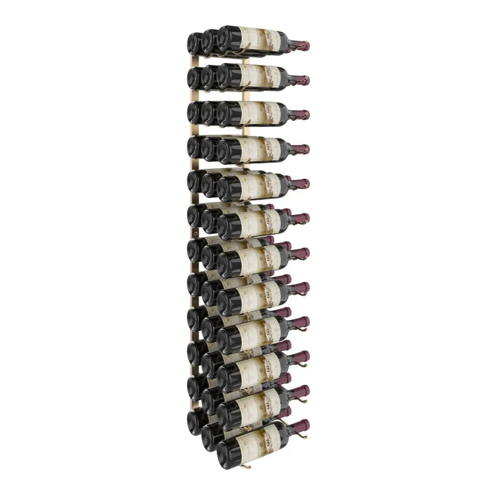 Wall-mounted wine rack with wine bottles on a white background