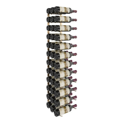Wall-mounted wine rack with wine bottles on a white background