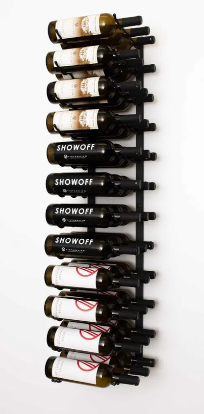 Wall-mounted wine rack with wine bottles on a white background