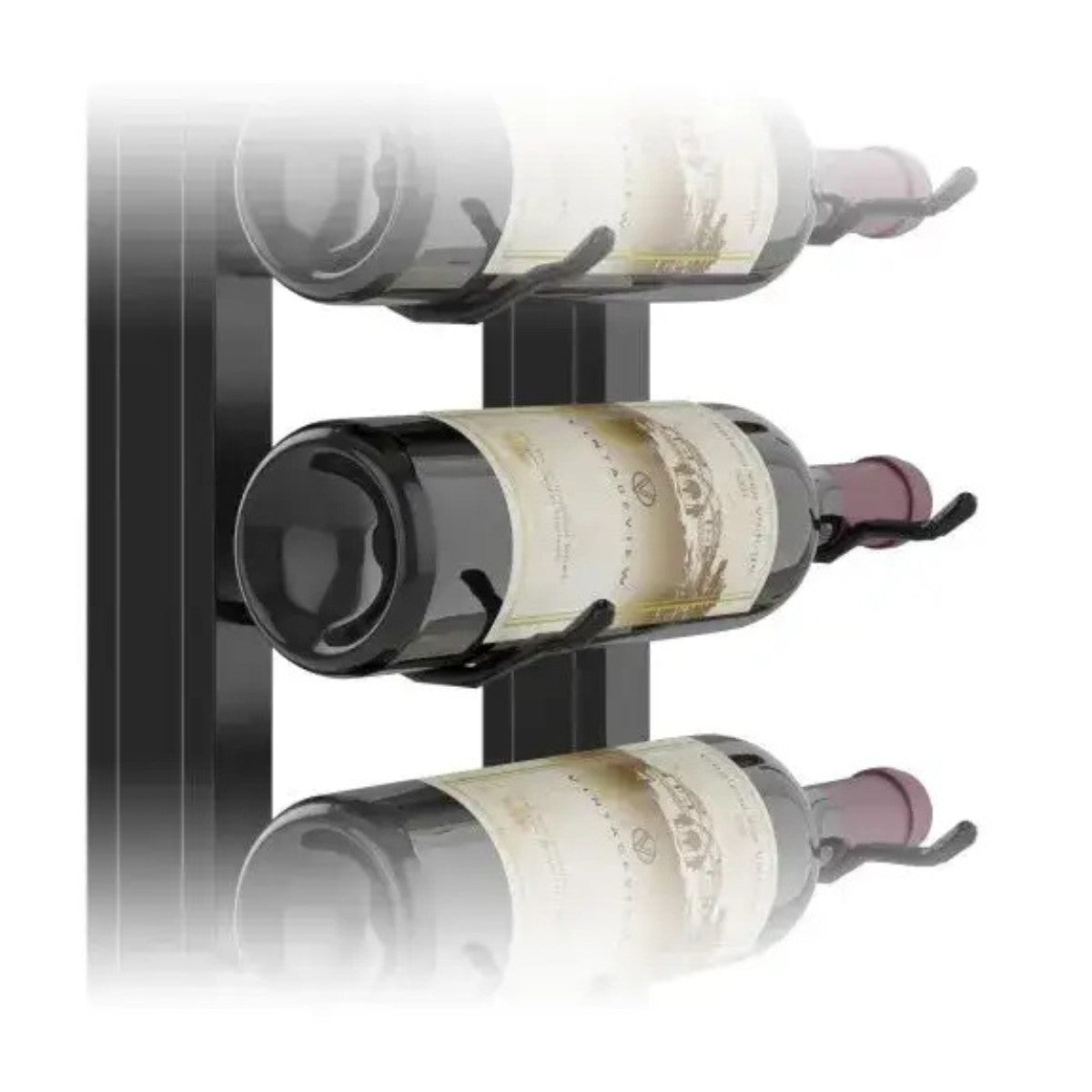 Wine rack holding three bottles of wine on a white background