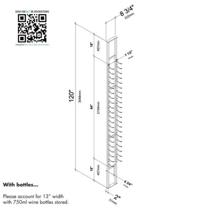 Wine rack dimensions diagram with measurements and QR code on a white background