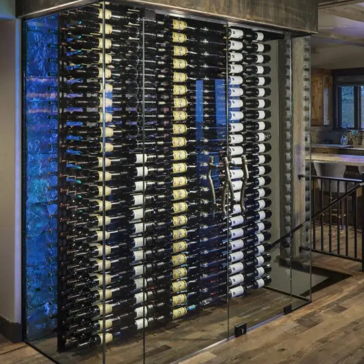 Wine rack filled with bottles in a modern interior setting