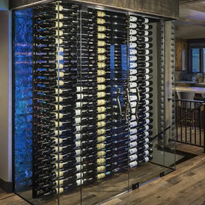Wine rack filled with bottles in a modern interior setting
