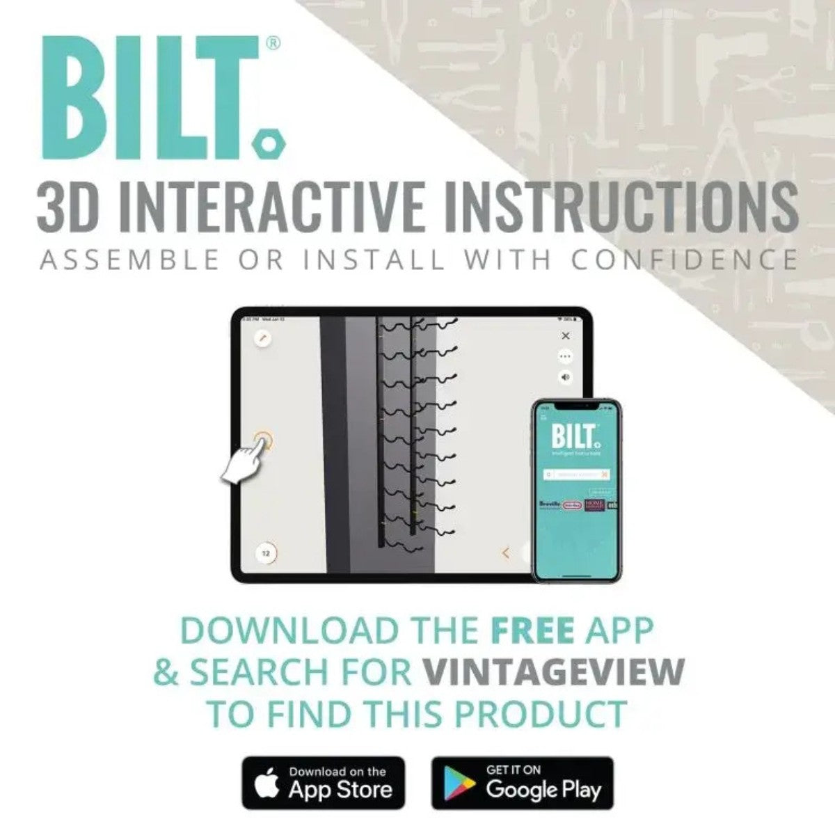 Advertisement for BILT 3D interactive instructions with app download information.