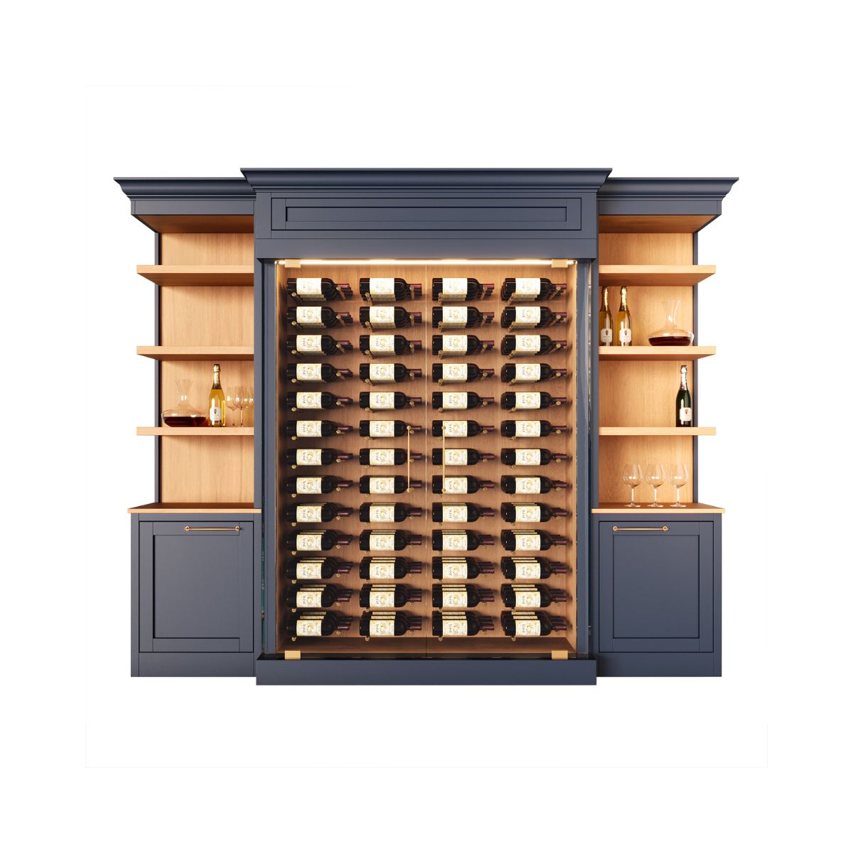 Wine cabinet with a large number of wine bottles with extra shelving to hold glasses, decanters and other wine related items for entertaining