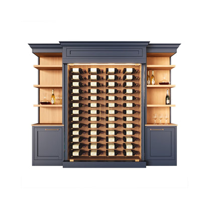 Wine cabinet with a large number of wine bottles with extra shelving to hold glasses, decanters and other wine related items for entertaining