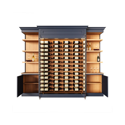 Open wine cabinet with extra shelving to hold glasses, decanters and other wine related items for entertaining