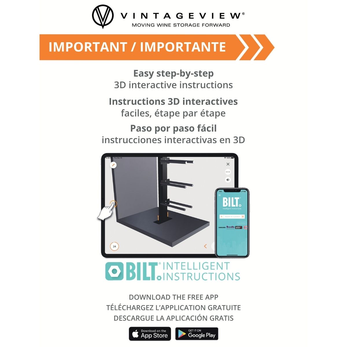 VintageView advertisement for 3D interactive wine storage instructions with Bilt app.