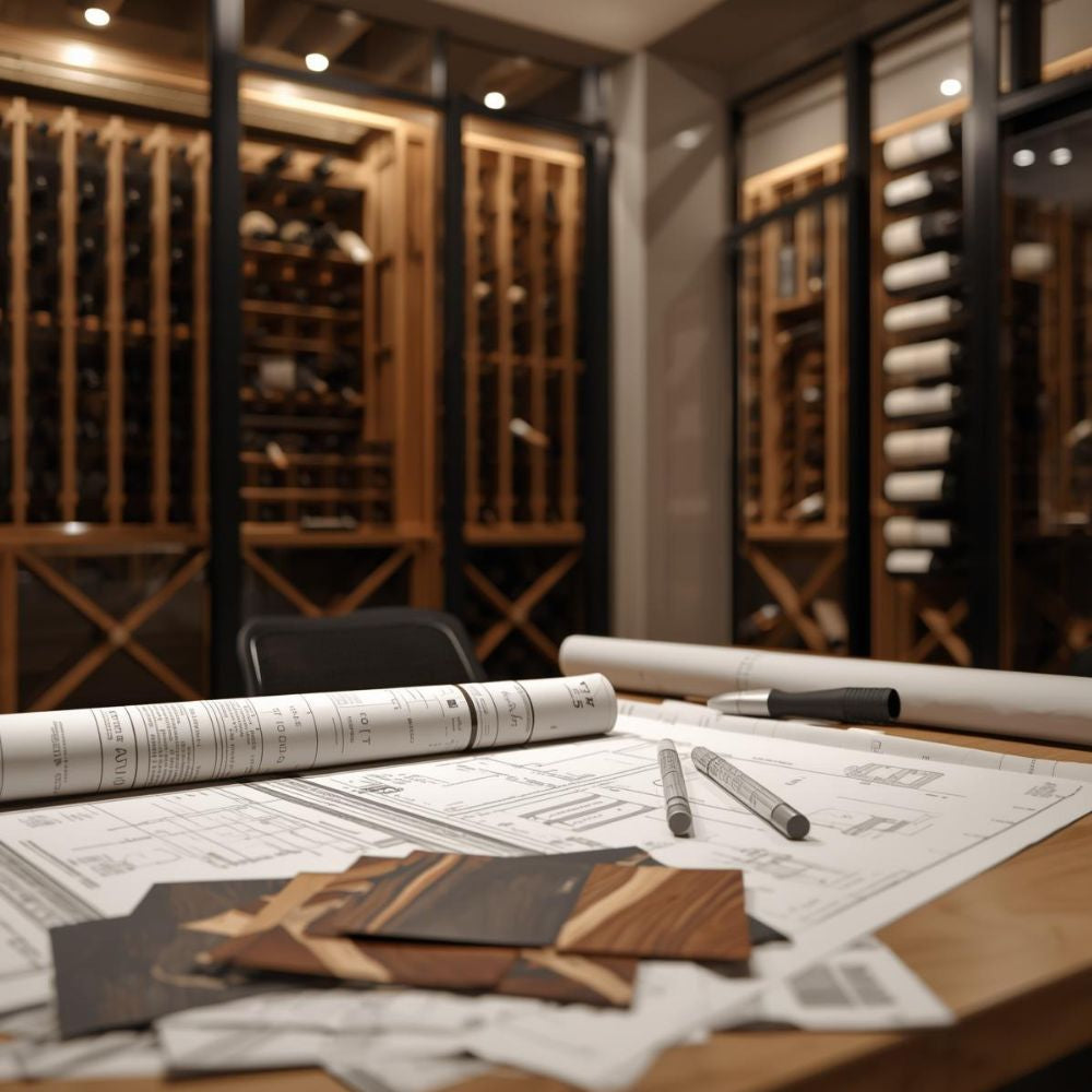 Custom wine cellar design planning with architectural blueprints and wood finish samples in a climate-controlled cellar setting