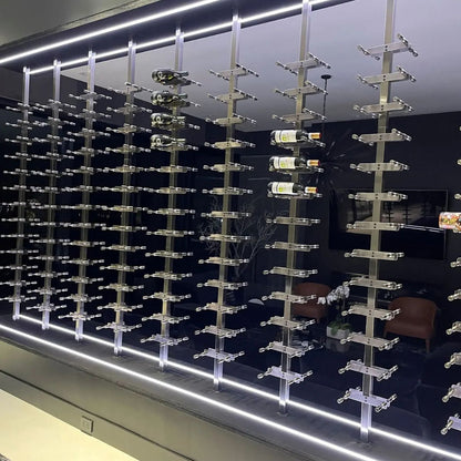 floating wine rack system with floor-to-ceiling posts and LED-lit wall display