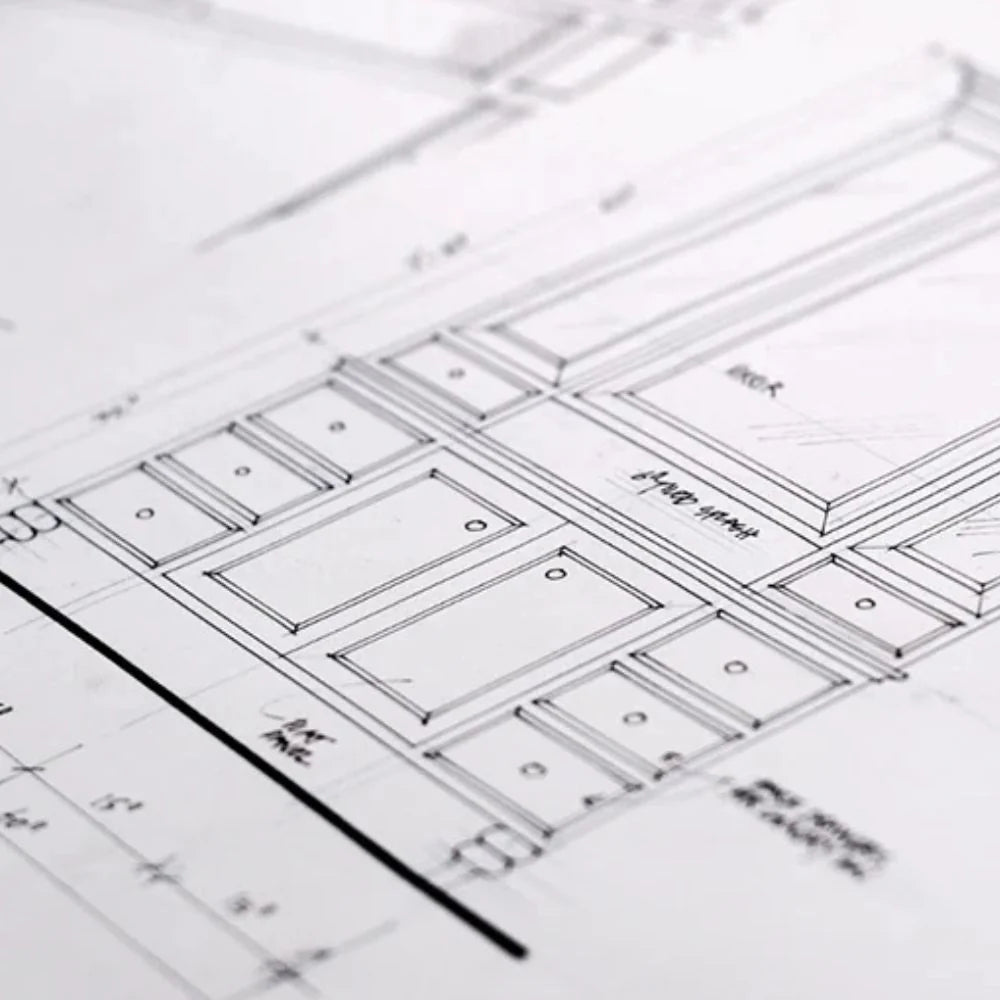CAD design plans showing detailed custom cabinetry layout for Grandeur Furnishings projects.