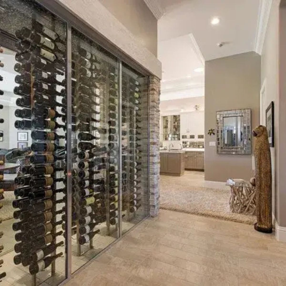 Wine rack with bottles in a modern interior setting