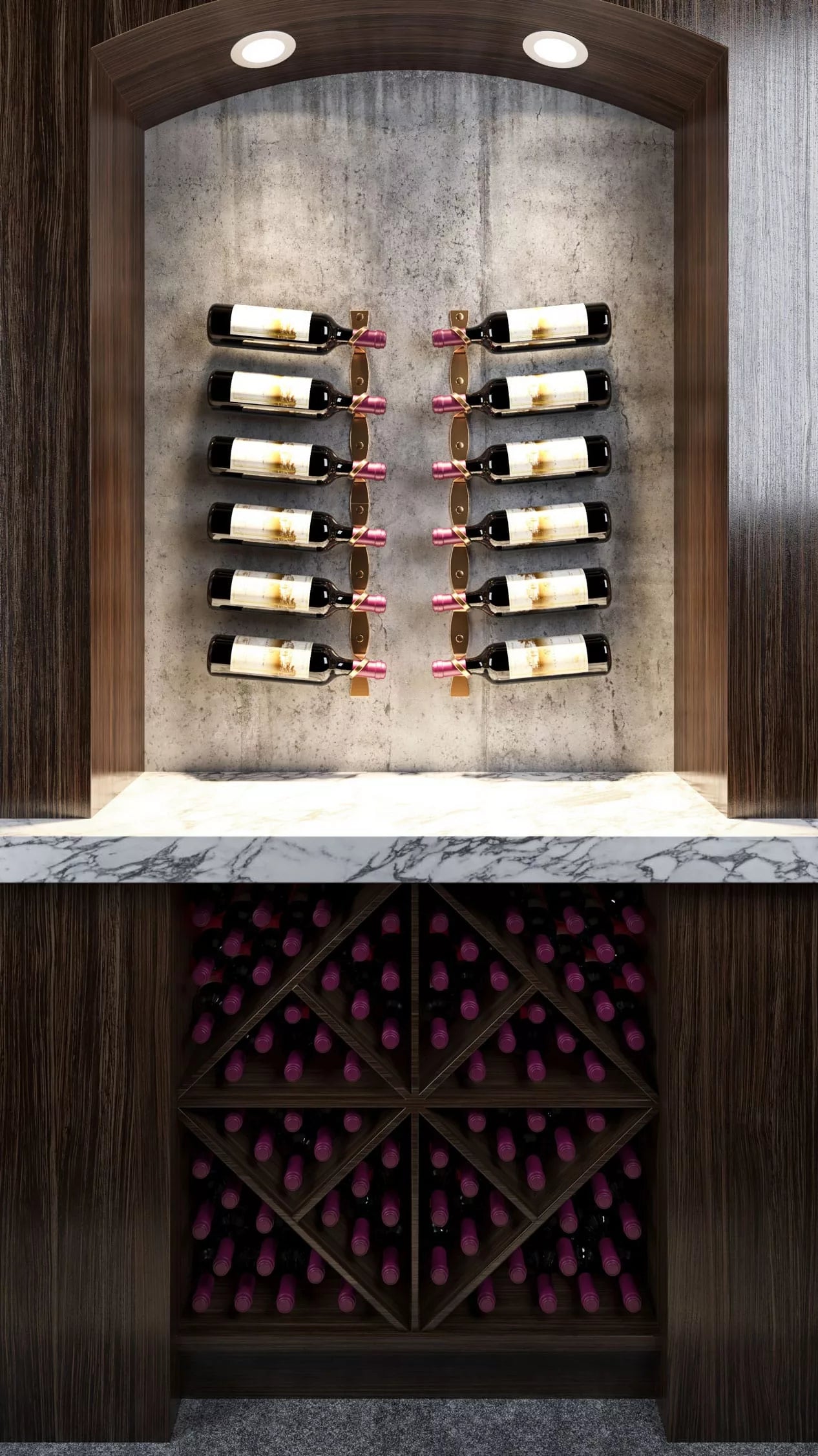 Helix Series wall-mounted wine display with floating bottle design above custom wood cabinetry and marble countertop