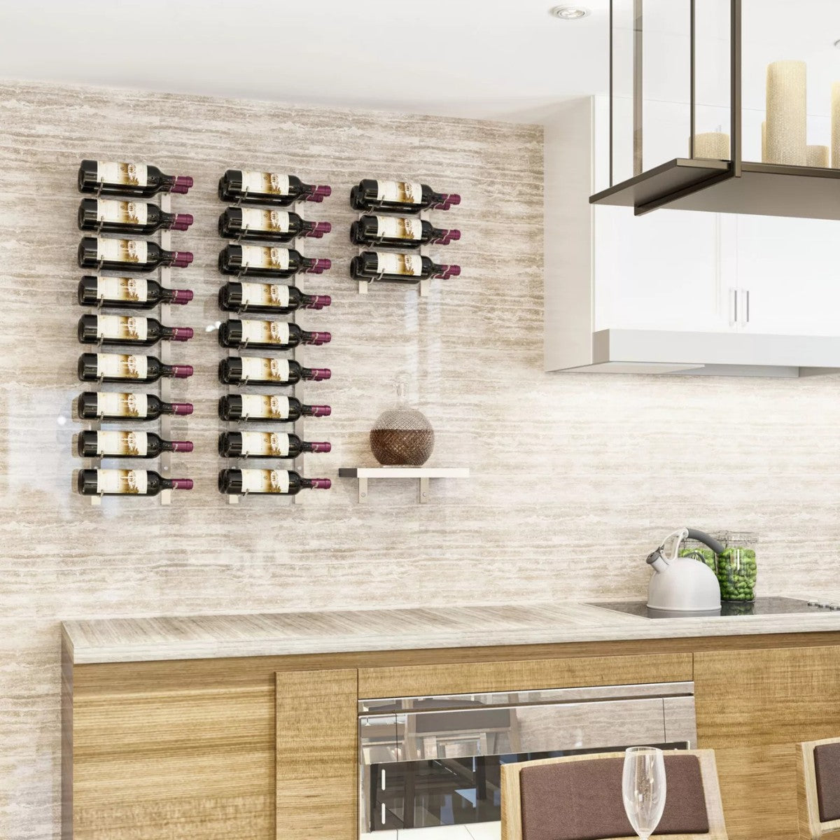 Wine bottles arranged on a wall-mounted rack in a modern kitchen.