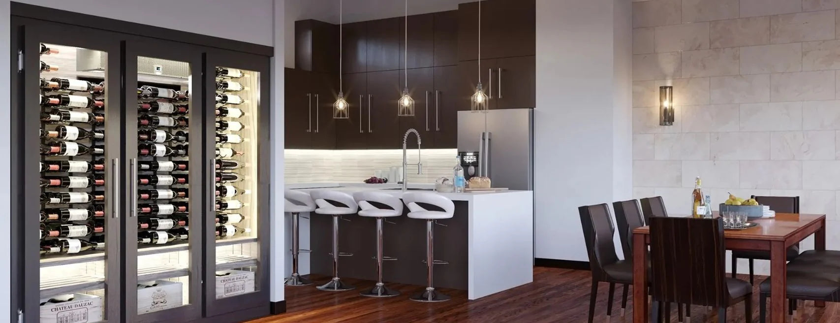 Triple-door wine wall with illuminated metal racking installed in a modern kitchen and dining area.