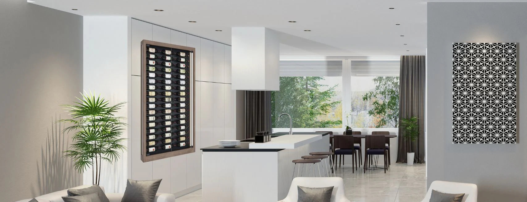 Modern wine wall with LED-lit racking installed in a contemporary open-concept kitchen and dining space.