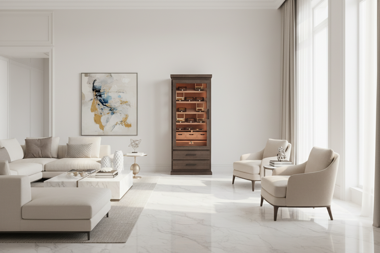 Smoke & Cedar Cigar Humidor Against Back Wall in Luxury Living Room
