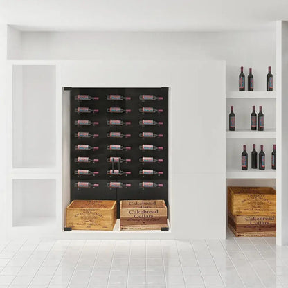Built-in wall niche with clear acrylic Vino Pins displaying wine bottles in a clean modern layout