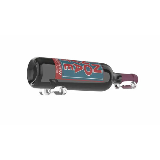 Compact wall-mounted wine display using clear acrylic pegs to hold multiple bottles horizontally
