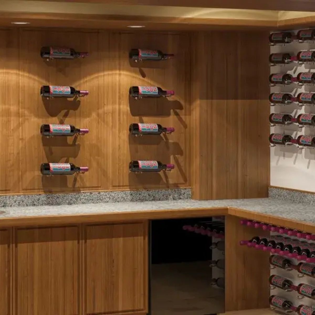 Clear acrylic Vino Pins installed on wood-paneled walls for label-forward wine storage in custom cellar