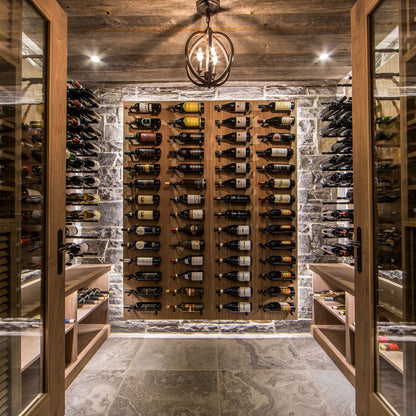 VintageView Vino Pins Mag 1 label-forward magnum wine display in stone wine cellar