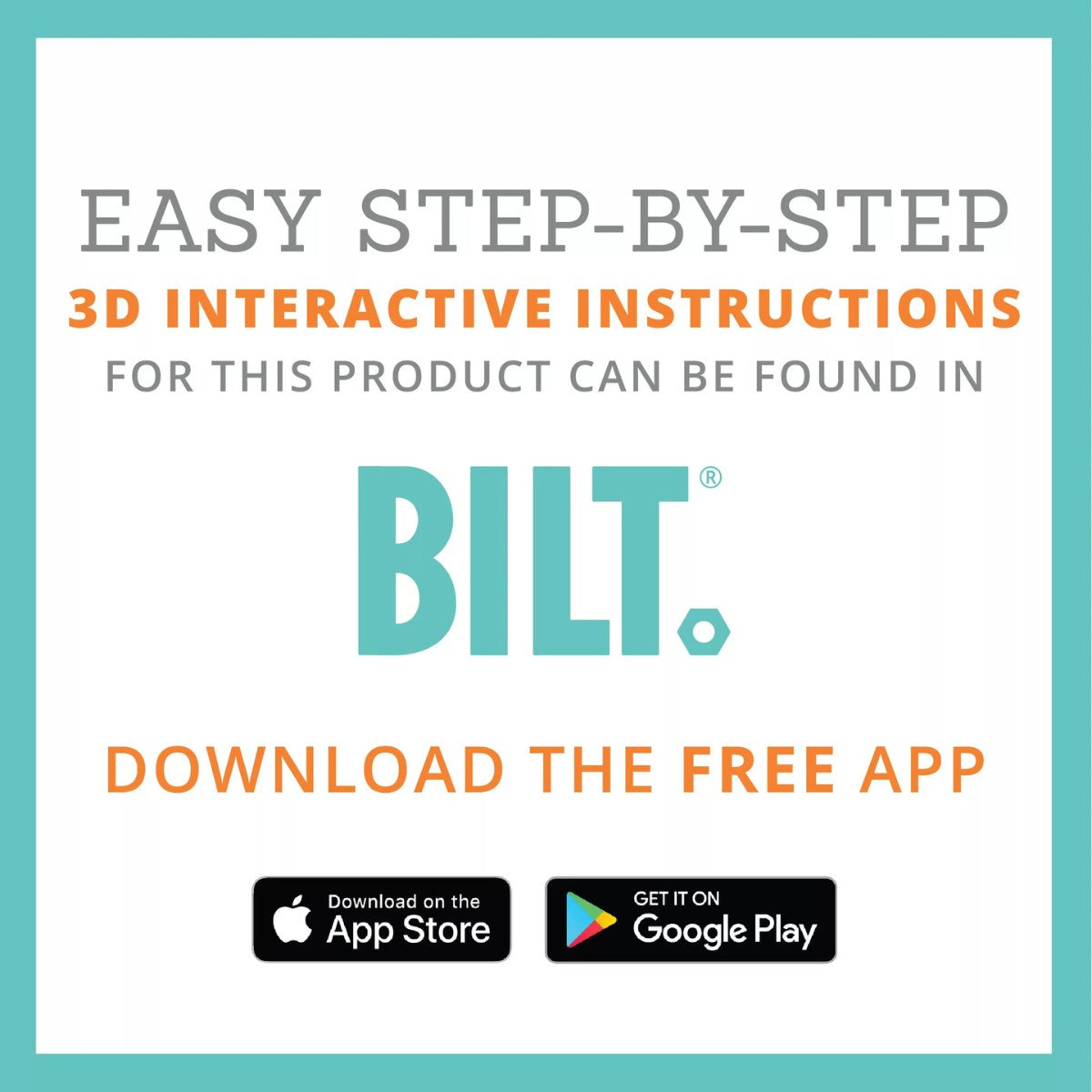 Promotional graphic for BILT app with text about 3D interactive instructions.