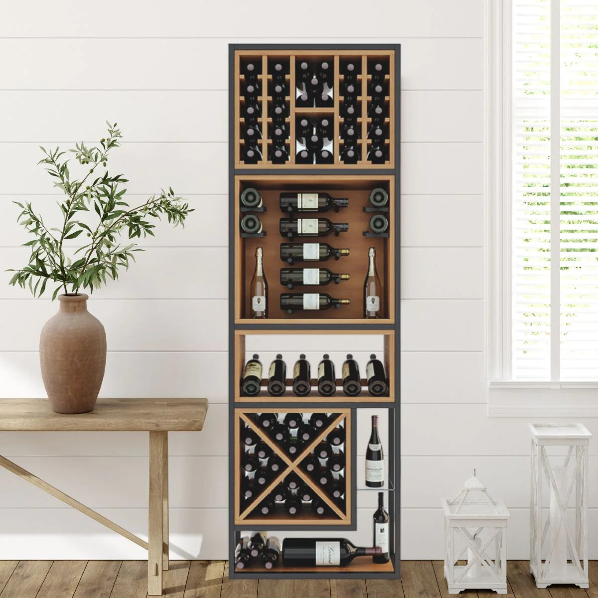 Modern wine wall with LED-lit racking installed in a contemporary open-concept kitchen and dining space.
