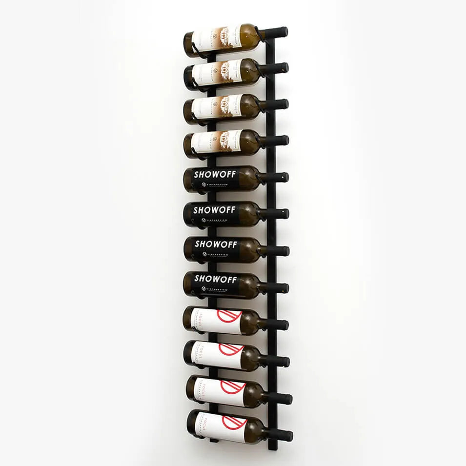 Wall-mounted wine rack with Showoff wine bottles on a white background