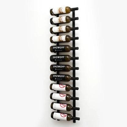 Wall-mounted wine rack with Showoff wine bottles on a white background