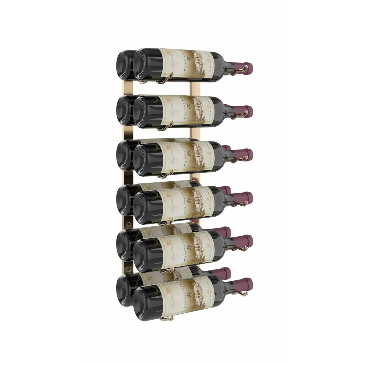 Wine rack holding six bottles of wine on a white background