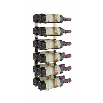 Wine rack holding six bottles of wine on a white background