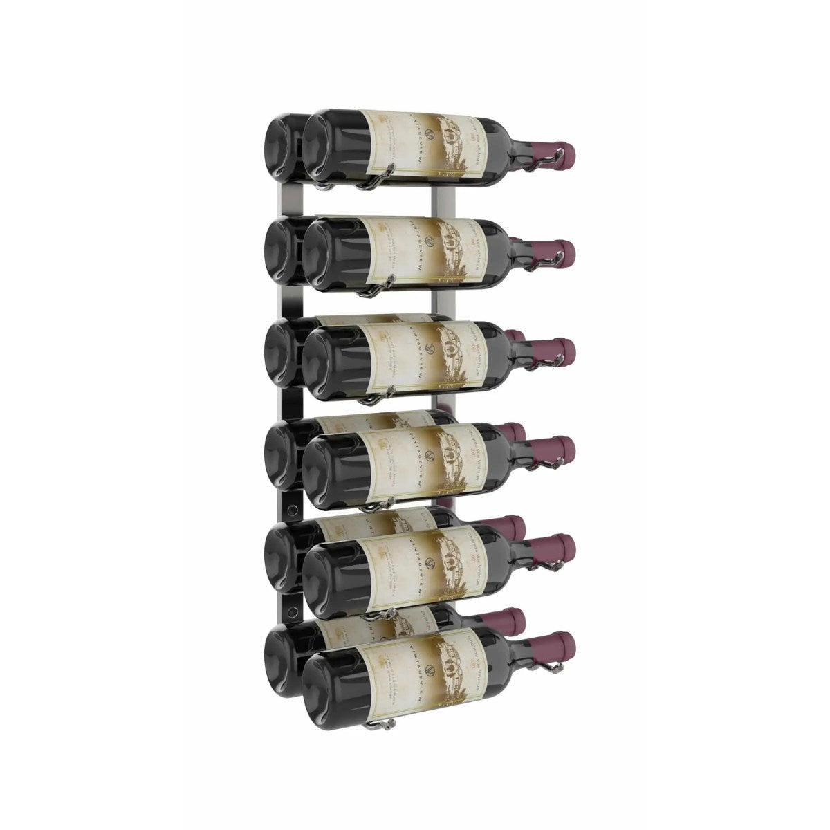 Wine rack holding six bottles of wine on a white background